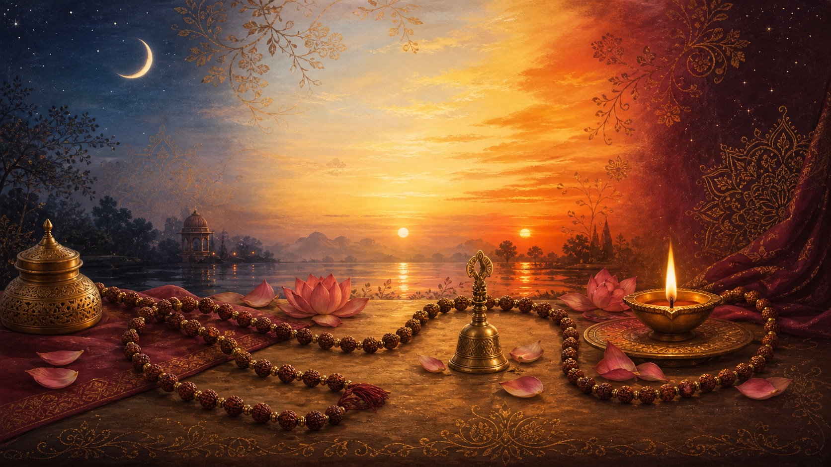 A warm symbolic devotional illustration representing Brahma Muhurta and the best times of day for Naam Jaap.