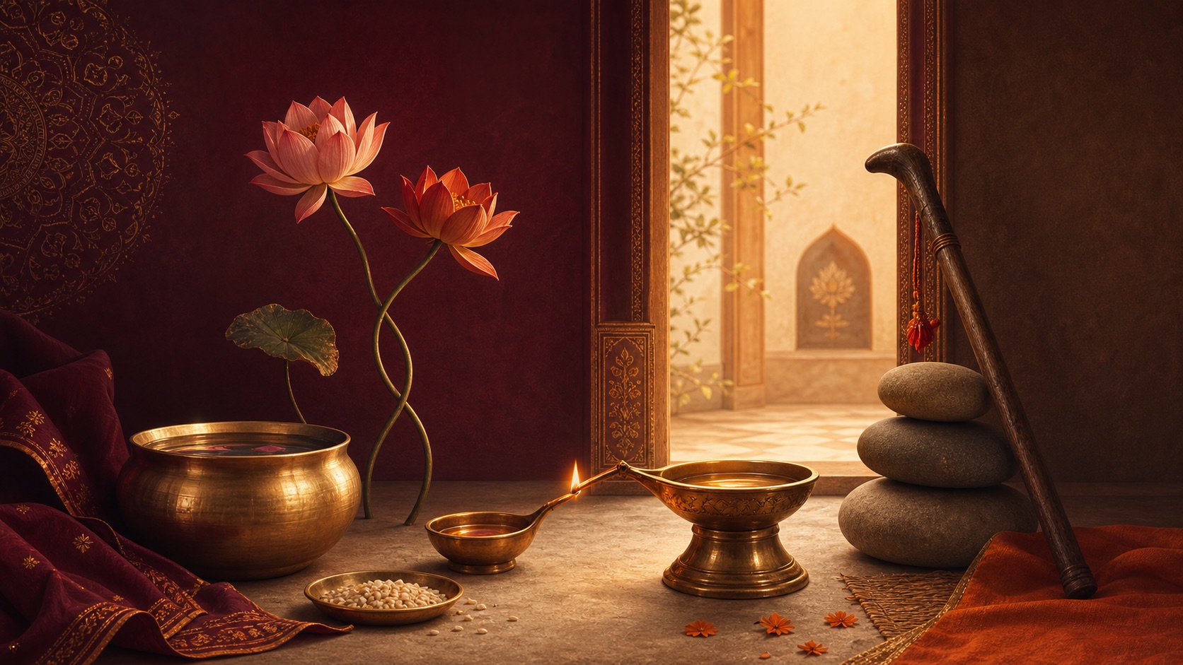 A warm symbolic devotional illustration representing Bhagavad Gita 12.13–14 and the qualities of a dear devotee.