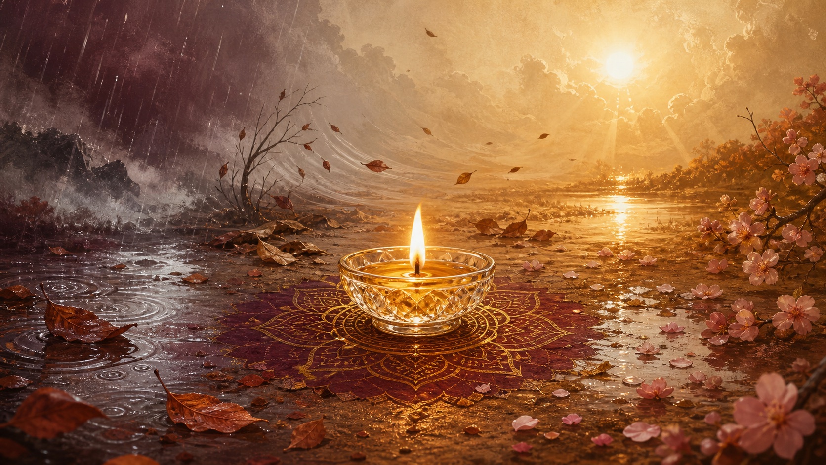 A warm symbolic devotional illustration representing Bhagavad Gita 2.14 and facing difficult seasons.