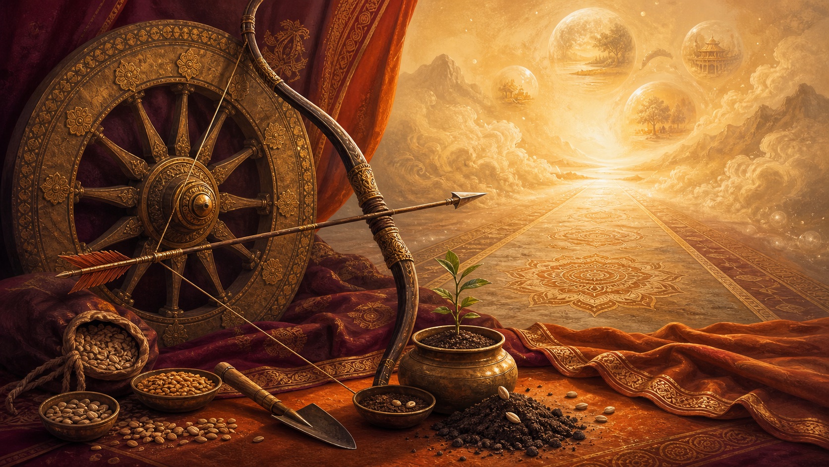 A chariot wheel, bow and arrow, sown seeds and a young sapling on a golden path — a symbolic illustration of Bhagavad Gita 2.47.