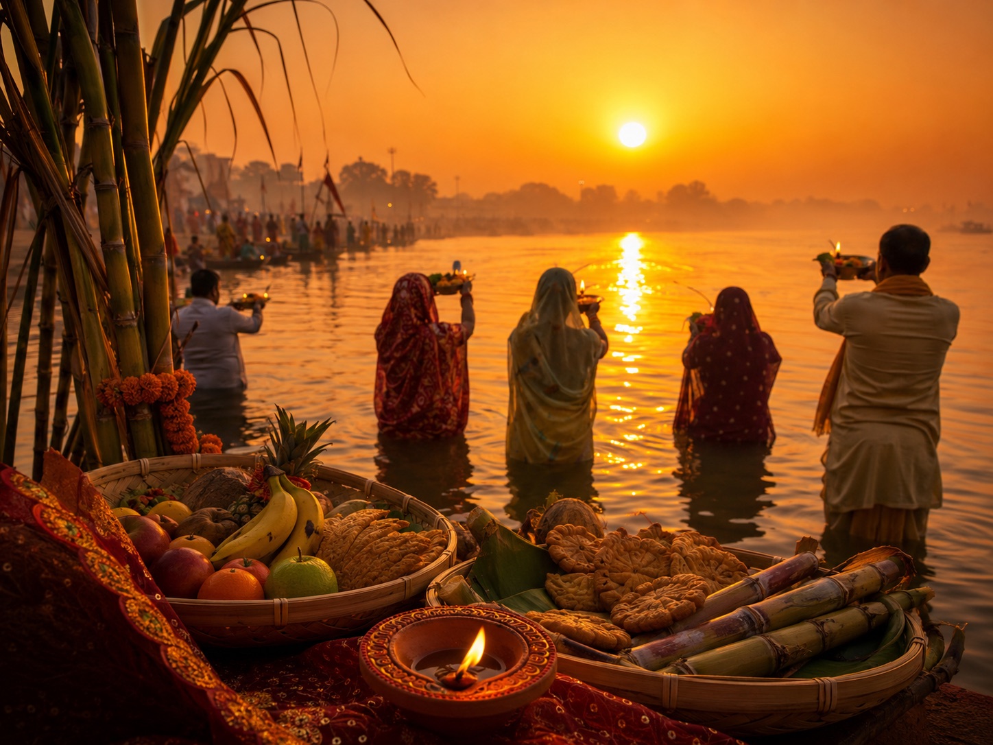 Devotees standing in a river lifting arghya to the rising sun at a misty ghat, with bamboo baskets of fruit, thekua and sugarcane — Chhath Puja.