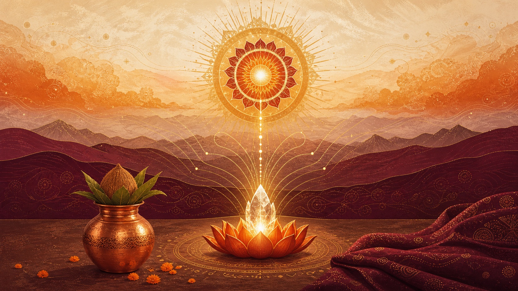A radiant sun mandala above mountains with a kalash and a glowing lotus — a symbolic illustration of the Gayatri Mantra.