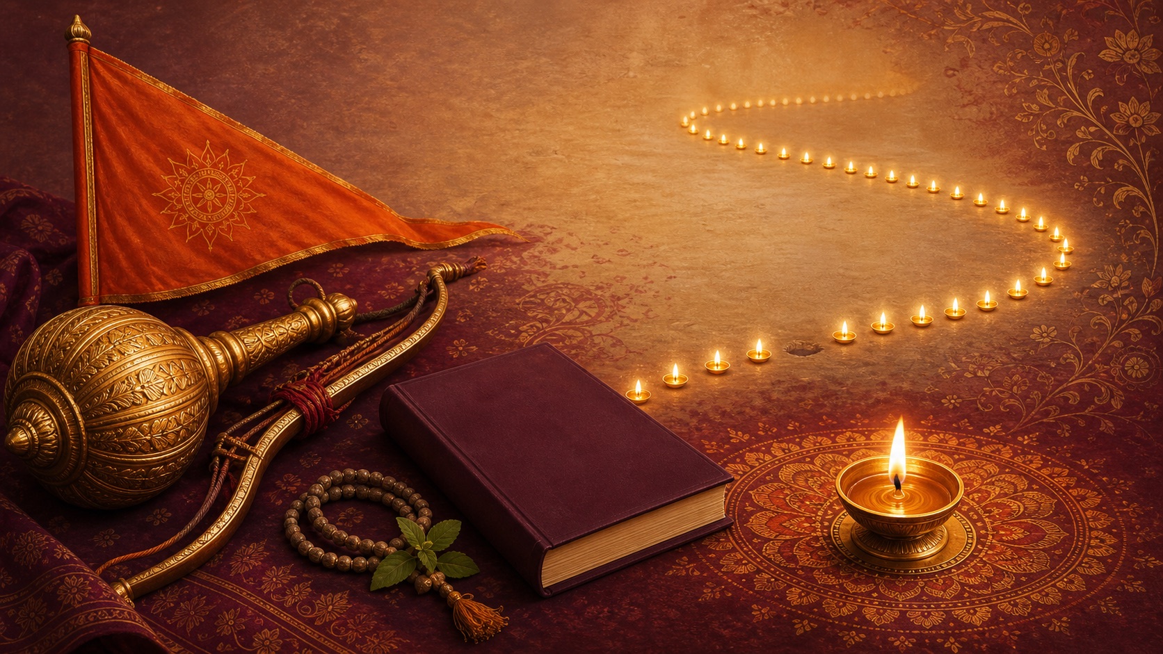 A warm symbolic devotional illustration representing a forty-day Hanuman Chalisa sadhana and daily sankalpa.