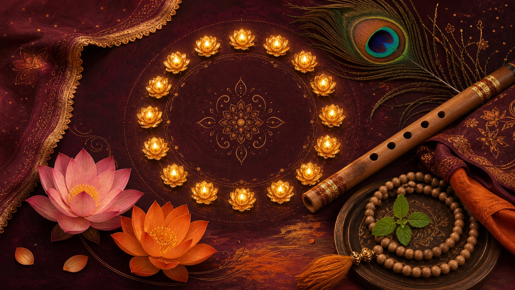 A warm symbolic devotional illustration representing the sixteen words of the Hare Krishna Mahamantra.
