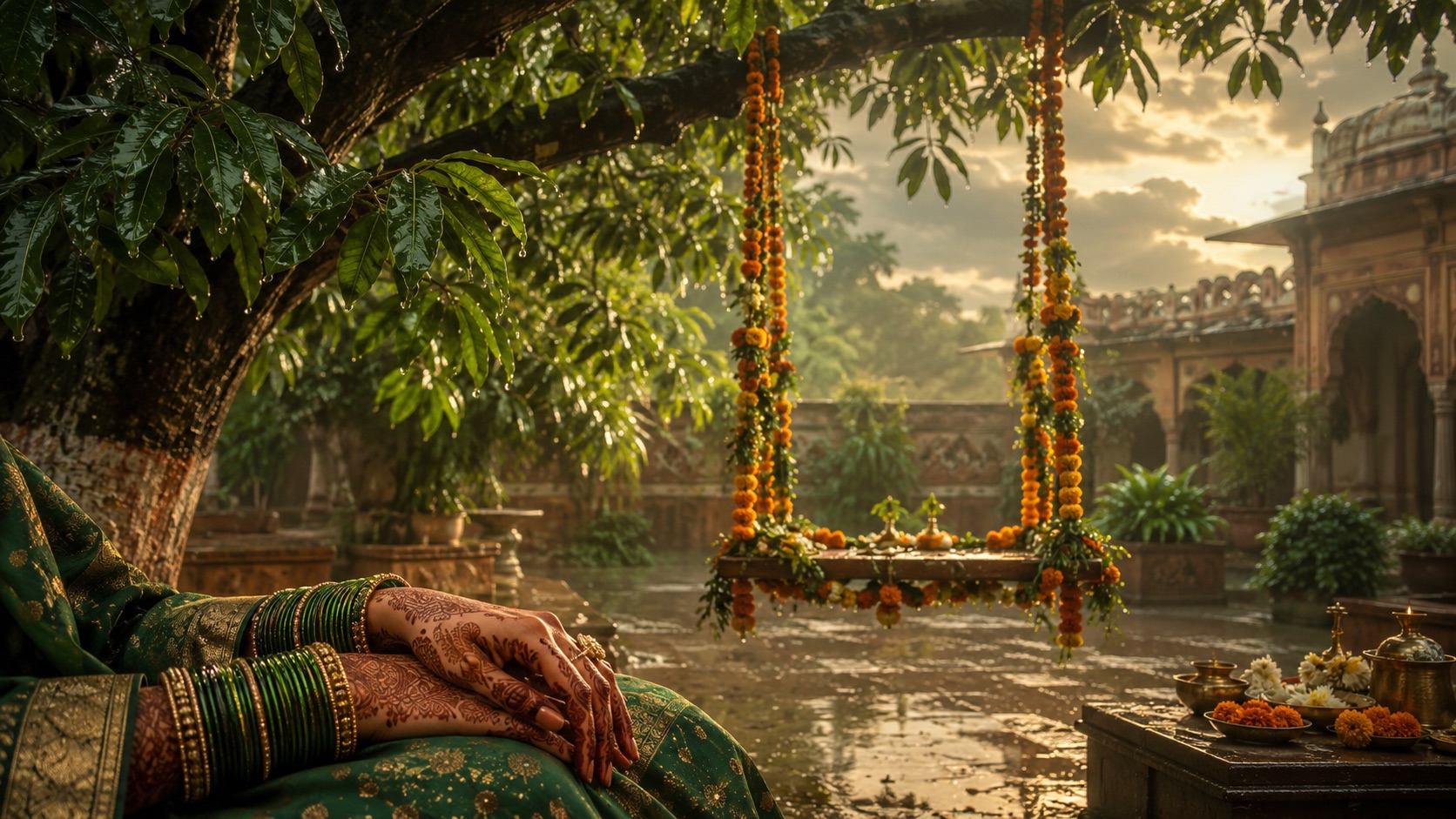 A marigold-decorated Teej swing under rain-fresh green leaves, with henna-adorned hands and green bangles — a Hariyali Teej celebration.