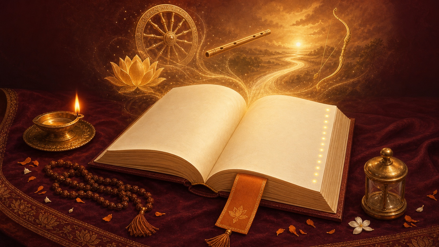 A warm symbolic devotional illustration representing a gentle first reading plan for the Bhagavad Gita.