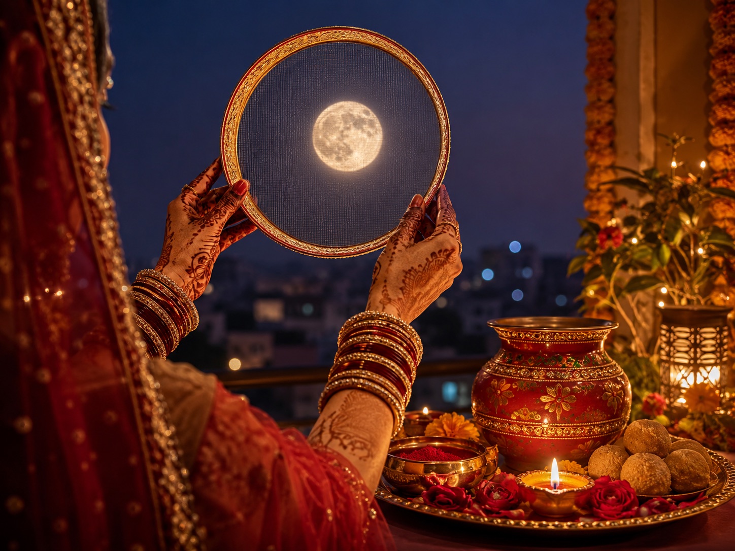 A full moon seen through a woven sieve above a decorated karwa pot, a diya thali and henna-adorned hands with bangles — a Karwa Chauth evening.