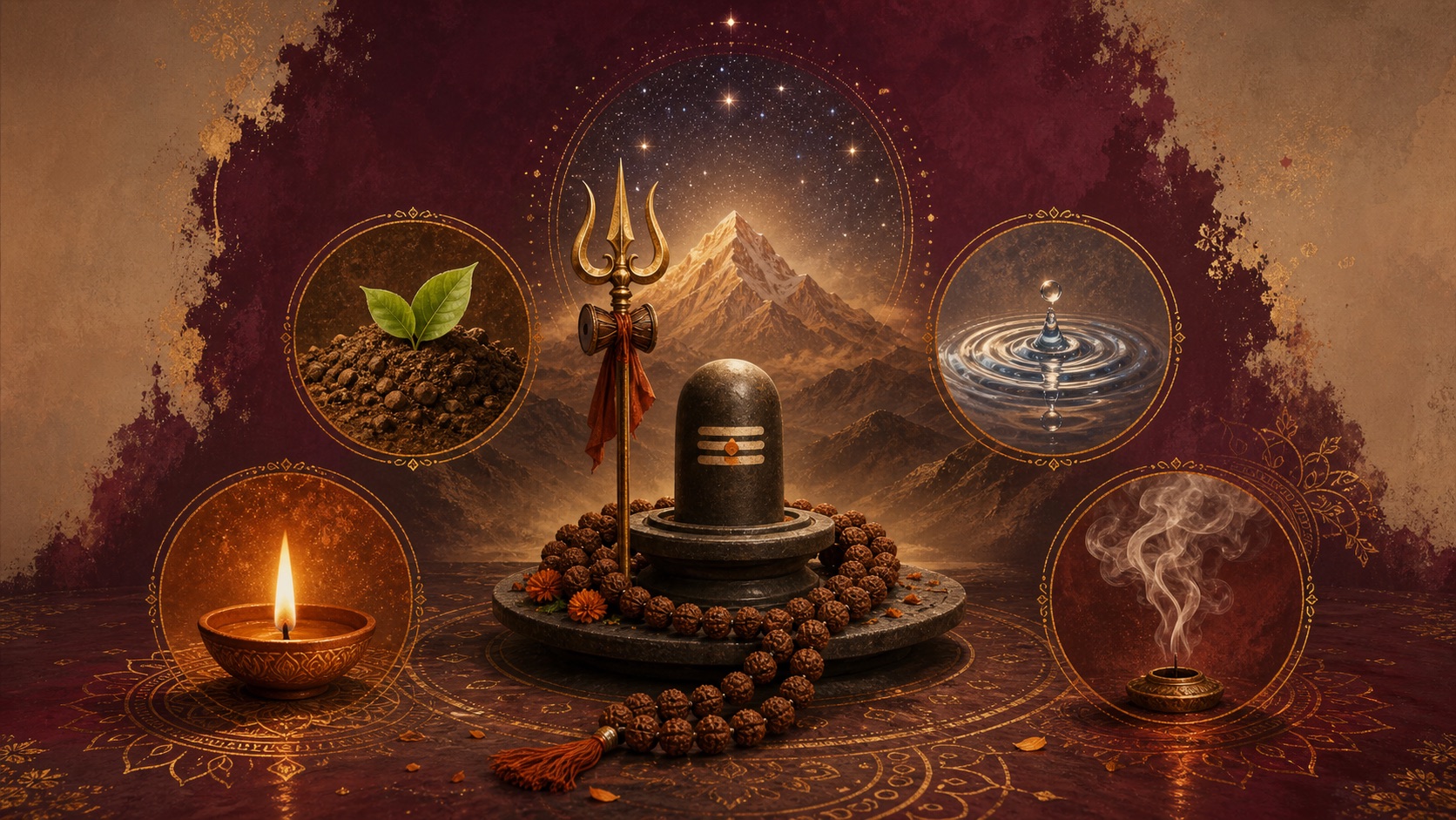 A warm symbolic devotional illustration representing the five syllables of Om Namah Shivaya.
