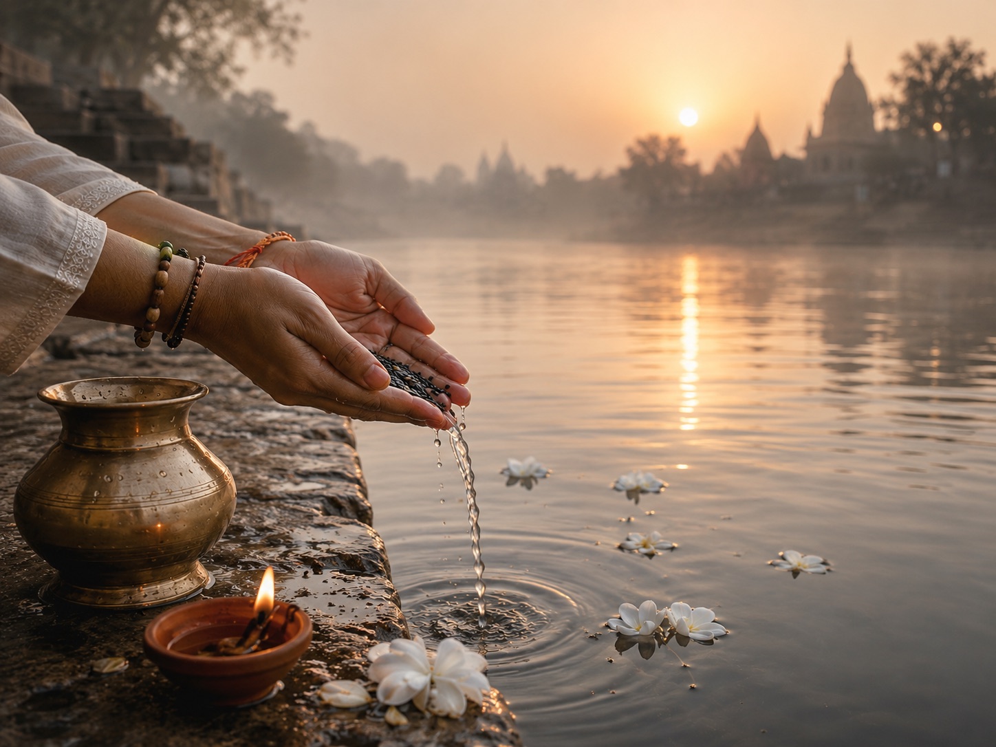 Cupped hands offering water with black sesame at a misty riverbank at dawn, beside a brass vessel and a lit earthen lamp — a Pitru Paksha tarpan remembrance.