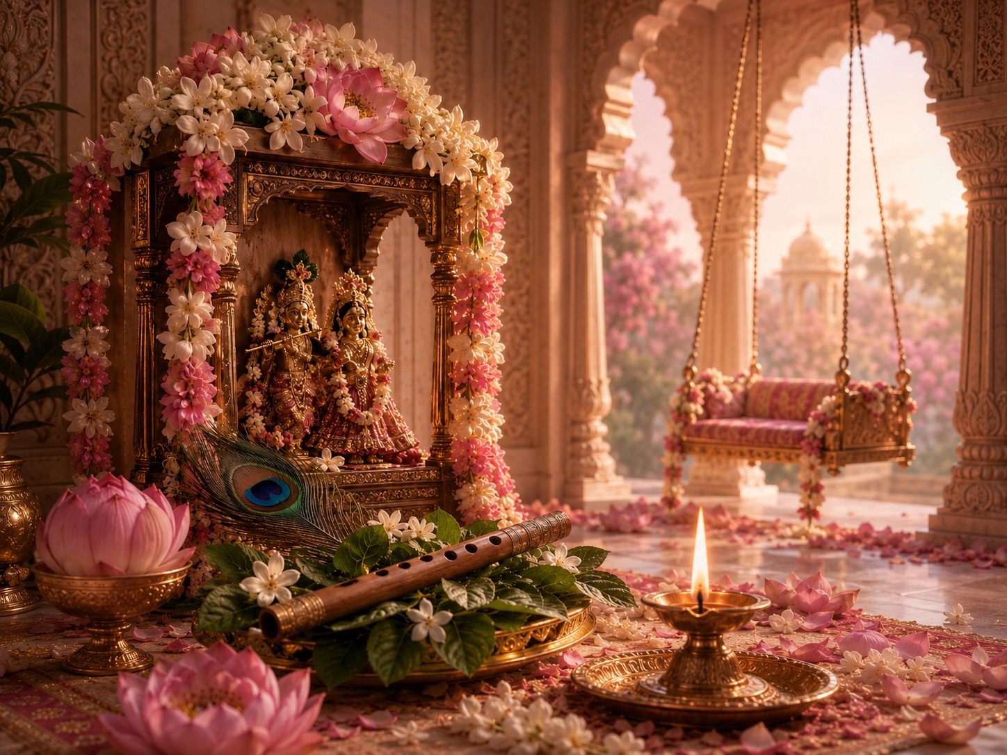 A flute resting on tulsi leaves with a peacock feather, lotus and jasmine before a garlanded Radha-Krishna shrine at dawn — Radha Ashtami devotion.