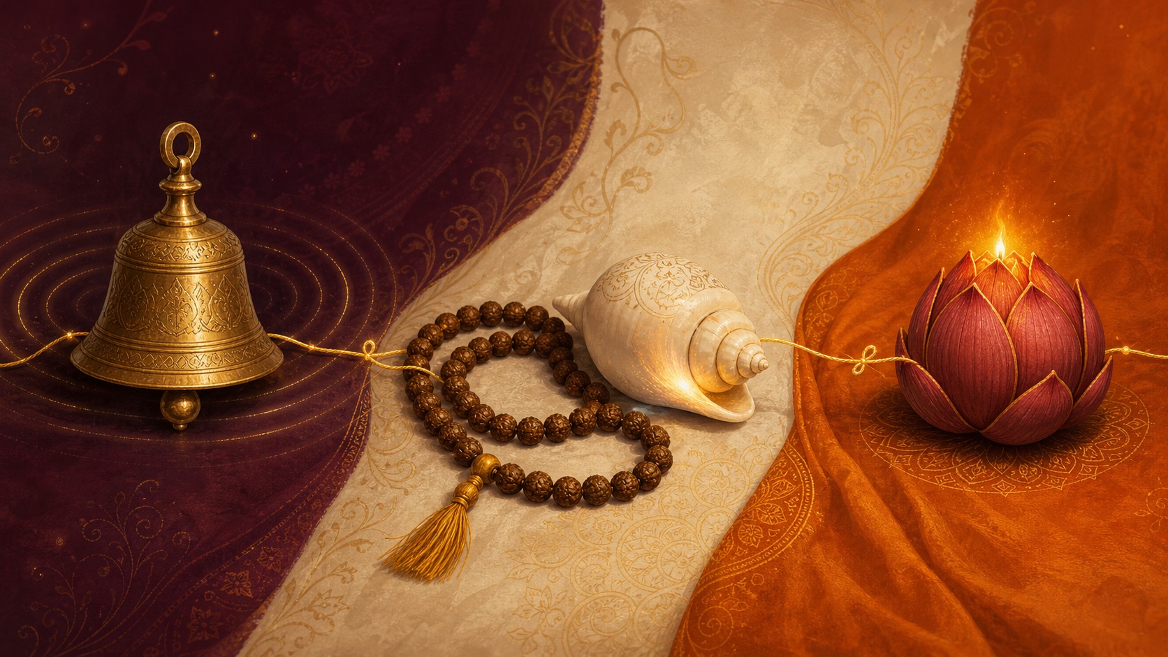 A warm symbolic devotional illustration representing the three types of japa — vachik, upanshu and manasik chanting.