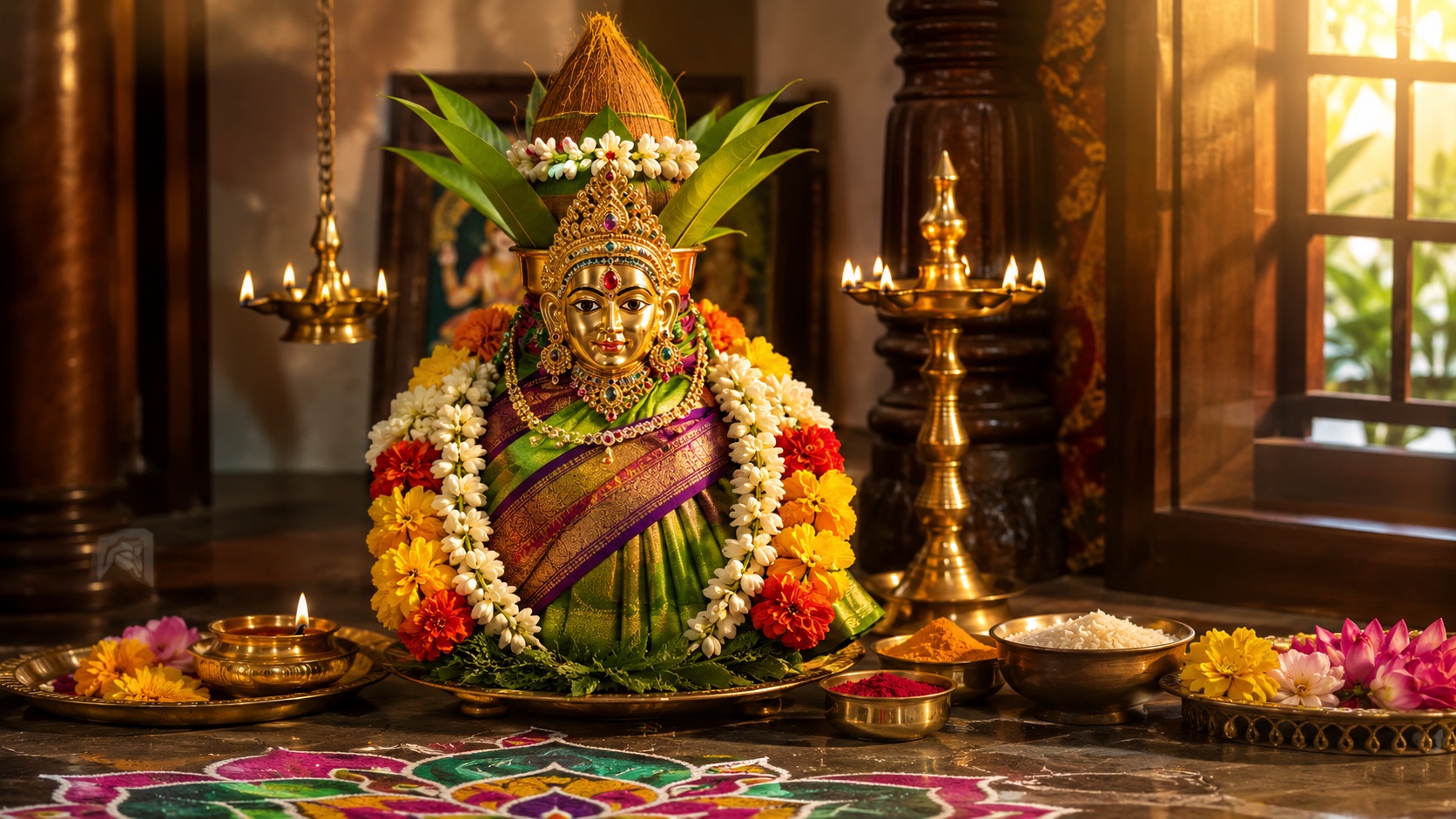 A silk-draped Varalakshmi kalash crowned with mango leaves and a coconut, with jasmine garlands, a brass lamp and rangoli — a home Varalakshmi Vrat altar.